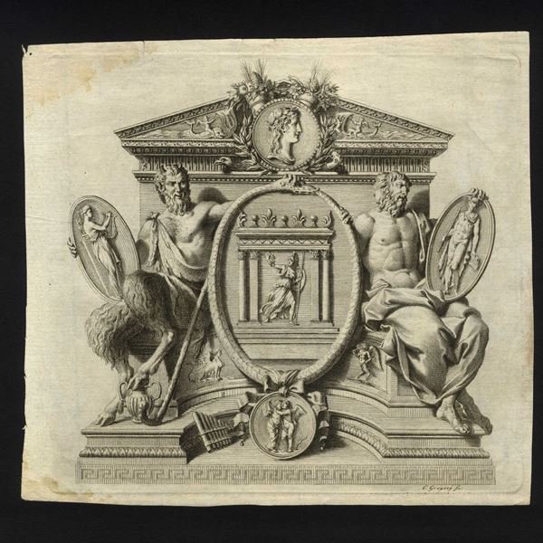 Carlo Bartolomeo Gregori (1702-1759) : Cartiglio decorativo con tempio e divinità varie, medaglioni ornamentali e freg...  - Engraving and etching, cm 19,5 x 18, (sheet) - Auction STAMPE, LIBRI E CARTE GEOGRAFICHE  - Bertolami Fine Art - Casa d'Aste