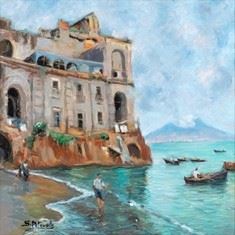 SALVATORE PETRUOLO - Napolitan seascape with fishermen and Vesuvio...