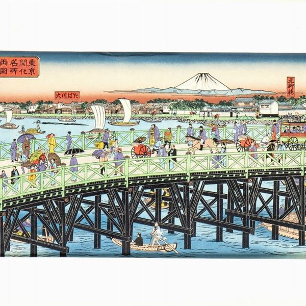 POLYCHROME WOODCUT WITH FIGURES ON A BRIDGE