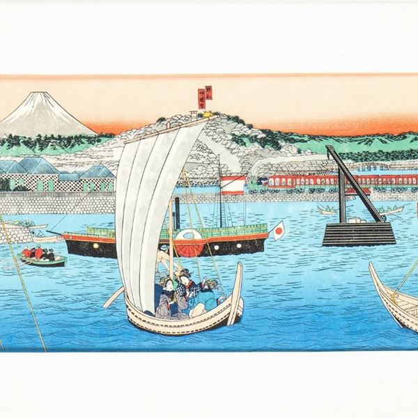 A POLYCHROME WOODCUT PRINT WITH A COASTAL VIEW