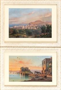 SALVATORE FERGOLA - Lot composed by two napolitan landscape: "Capri with Vesuvio" view and "View of a Port" 