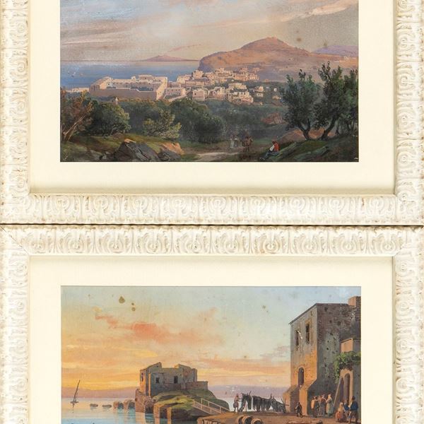 Salvatore Fergola - Lot composed by two napolitan landscape: "Capri with Vesuvio" view and "View of a Port" 
