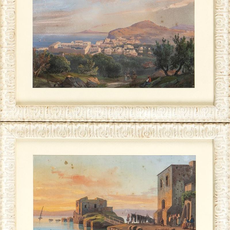 Salvatore Fergola - Lotto Composto da Due Paesaggi Napoletani: Capri con Veduta del Vesuvio e Por...