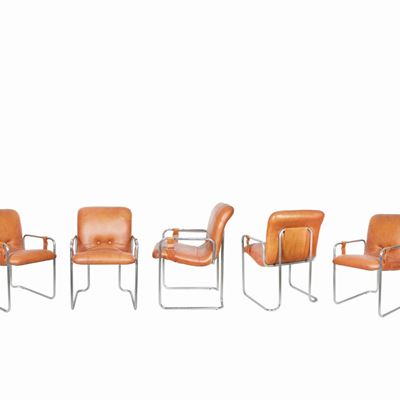 Set di 5 Sedie Vintage in Metallo e Pelle