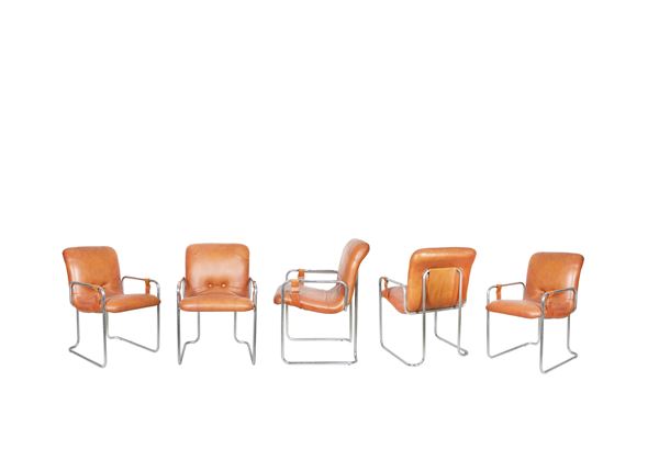 Guido Faleschini - Set di 5 sedie vintage in metallo e pelle