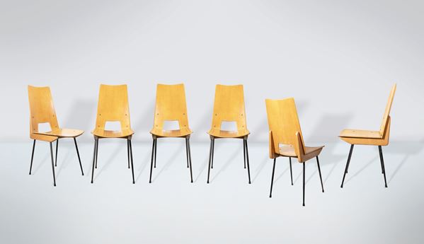 CARLO RATTI - INDUSTRIA COMPENSATI CURVATI - Set di sei sedie da tavolo