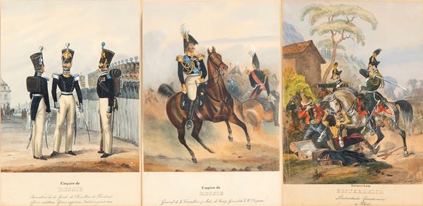Lotto di tre stampe raffiguranti uniformi dell'esercito imperiale russo