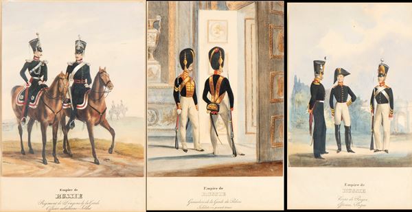 Lotto di tre stampe raffiguranti figure in uniforme dell'esercito imperiale russo