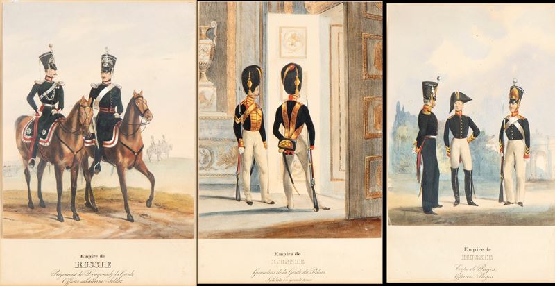 Lotto di Tre Stampe Raffiguranti Figure in Uniforme Dell'esercito Imperiale Russo