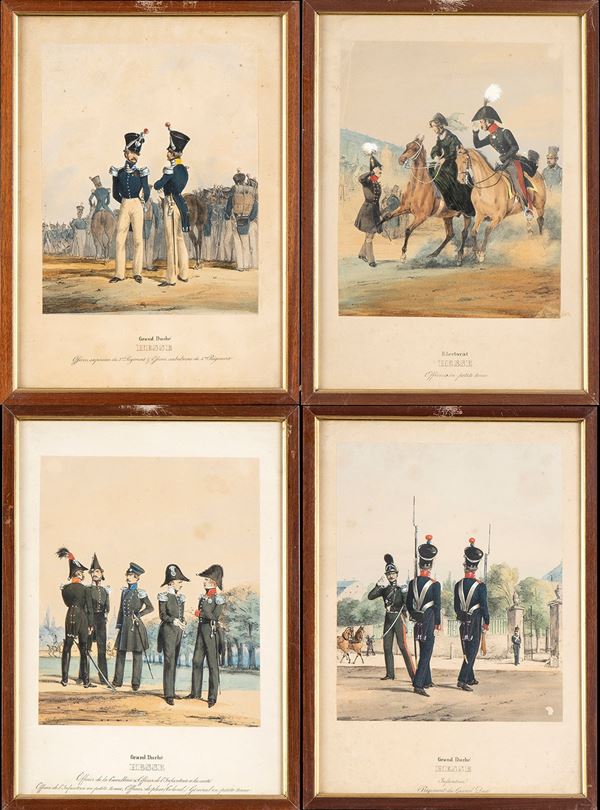4 stampe acquarellate raffiguranti militari del Gran Ducato d'Assia