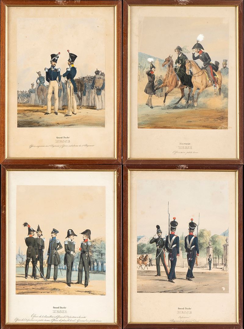 4 Stampe Acquarellate Raffiguranti Militari del Gran Ducato D'assia