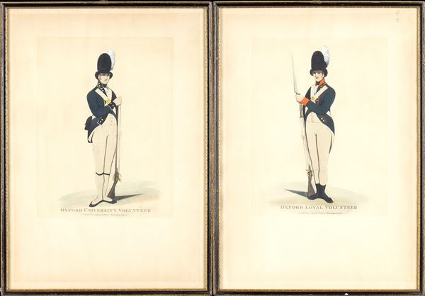 Due stampe acquarellate raffiguranti uniformi XVIII secolo