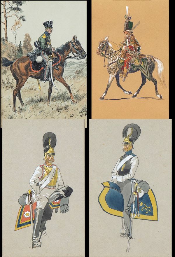 Quattro Gouaches raffiugranti uniformi dell'esercito imperiale russo