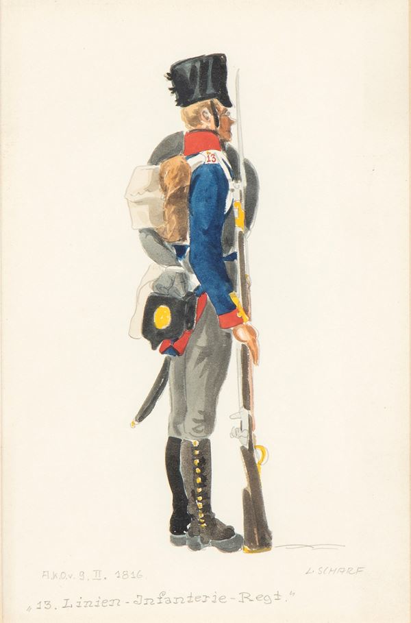 Gouache raffigurante soldato del 13 regimento fanteria di  linea