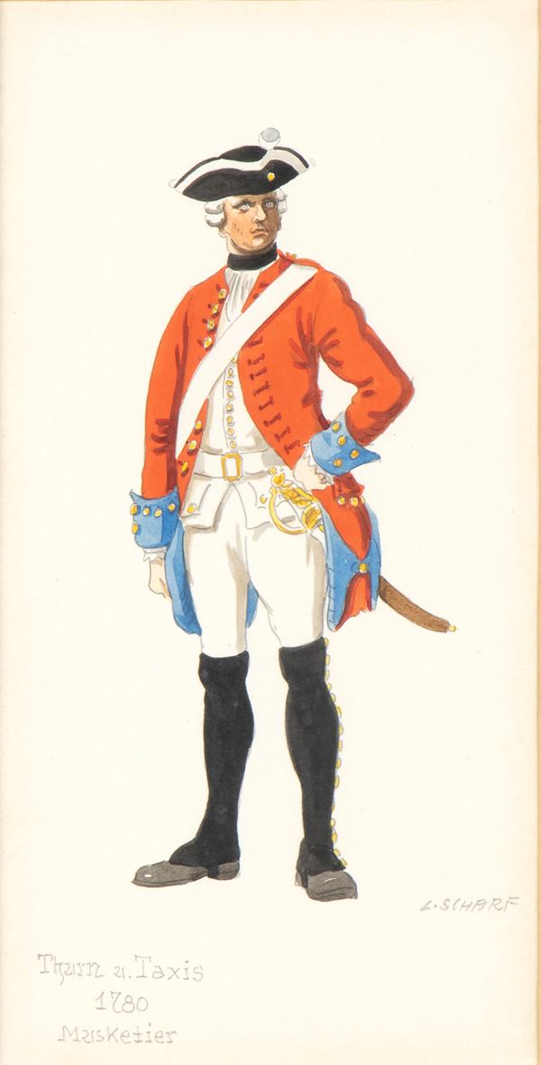 Goauche raffigurante moschettiere del 18 secolo . Firmato L. Scharf