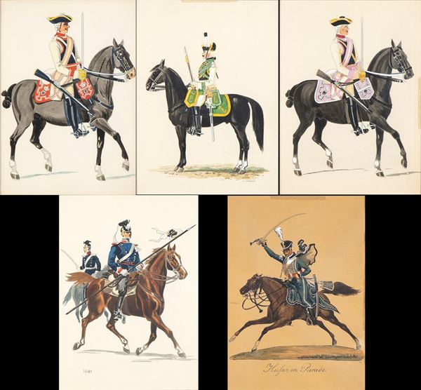 5 Gouache raffiguranti uniformi tedesche