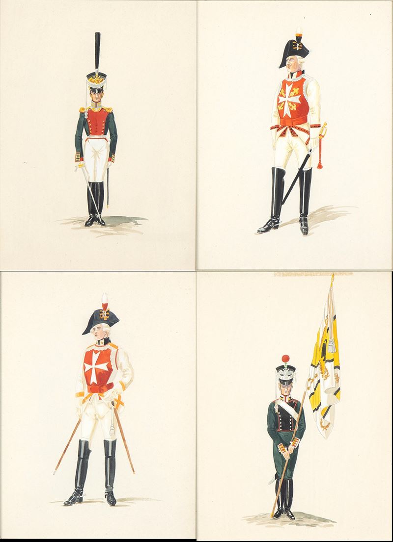 4 Gouache Raffiguranti Varie Uniformi Dell' Esercito Imperiale Russo