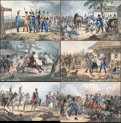 Sei Stampe Acquarellate Raffiguranti Scene Militari Dell'esercito Militare Austriaco