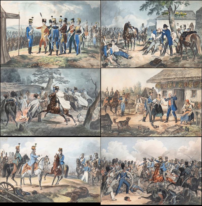 Sei Stampe Acquarellate Raffiguranti Scene Militari Dell'esercito Militare Austriaco