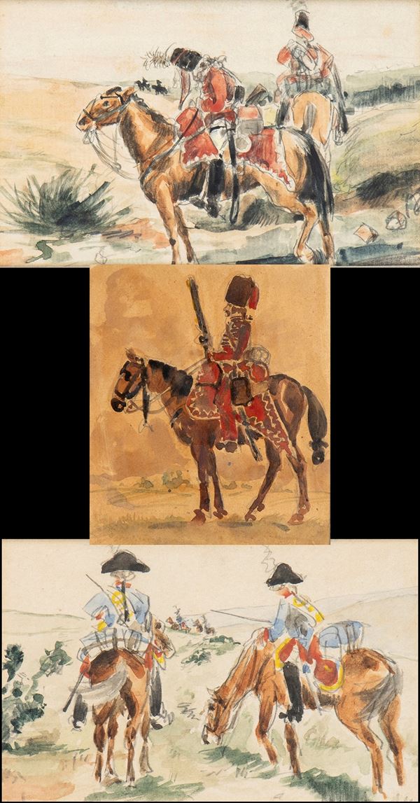 Three gouaches depicting soldiers in uniform from the 18th century (two initialed in the centre)