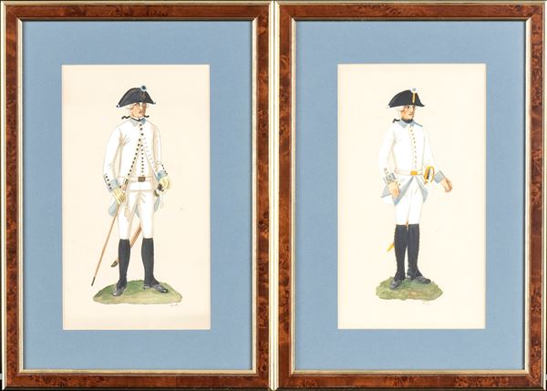 Two gouaches depicting 18th century German army uniforms