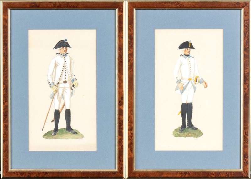 Due Gouaches Raffiguranti Uniformi Dell'esercito Tedesco del XVIII Secolo