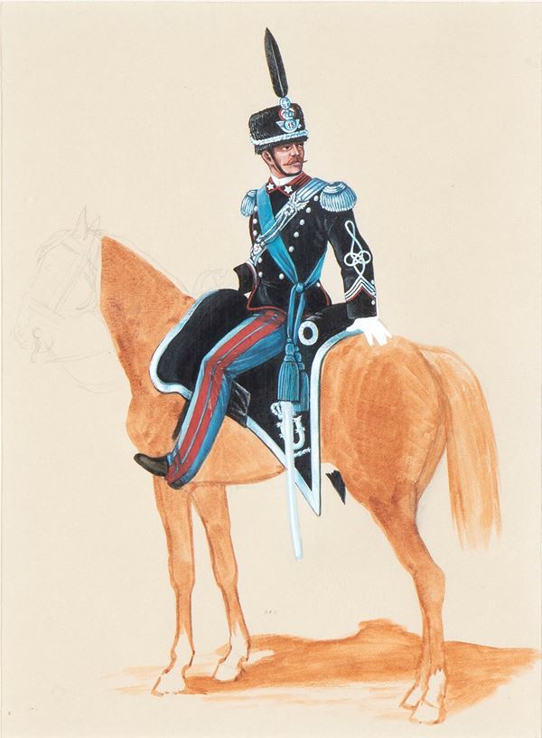 Gouache, Sketch depicting a 20th century Italian cavalry ca