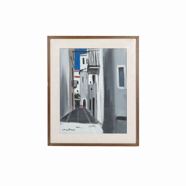 ENOTRIO PUGLIESE : Vicolo di paese  (metà XX secolo)  - acrilico su tela - Asta Smart Auction: Arredi, Dipinti, Sculture e altro a prezzi vantaggiosi - Bertolami Fine Art - Casa d'Aste