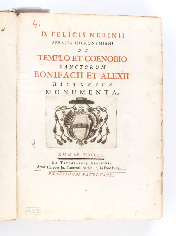 FELICE MARIA NERINI	De templo et coenobio sanctorum Bonifacii et Alexii historica moumenta. Roma 1752
