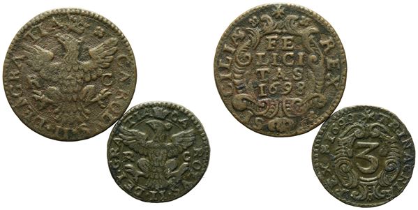 PALERMO. REGNO DI SICILIA. Carlo II di Spagna (1665-1700). Lotto di un grano 1698 e tre piccioli 1699. Cu