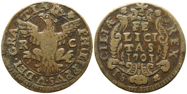 PALERMO. REGNO DI SICILIA. Filippo V di Borbone (1701-1713). Grano. 1701. Cu  (5,06 g; 23,7 mm). Spahr 20. Mir 506.