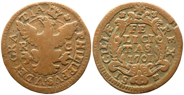 PALERMO. REGNO DI SICILIA. Filippo V di Borbone (1701-1713). Grano. 1701. Cu  (5,03 g; 24,8 mm). Spahr 20. Mir 506.