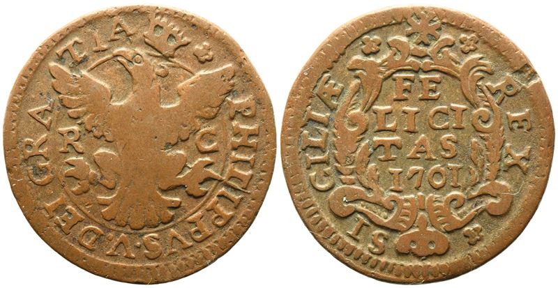 Palermo. Regno di Sicilia. Filippo V di Borbone (1701-1713). Grano. 1701. Cu (5,03 G; 24,8 MM). S...