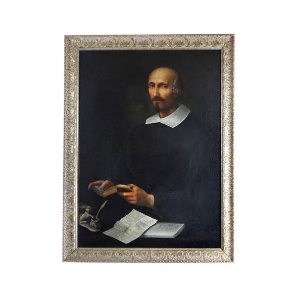 Prelato, figura virile allo scrittoio  (XVII secolo)  - dipinto olio su tela - Asta  [..]