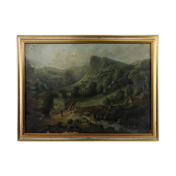Scorcio di paesaggio con armenti  (XIX secolo)  - dipinto ad olio su tela - Asta  [..]