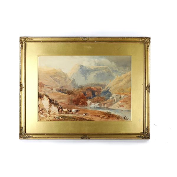 Glimpse of mountain landscape with herds and buildings