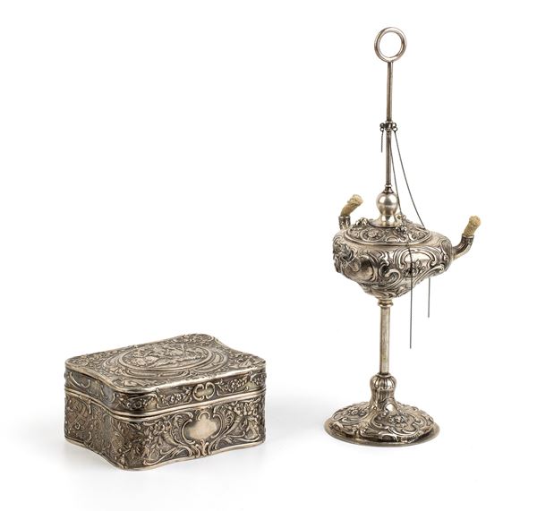 Silver box and oil lamp - early 20th century