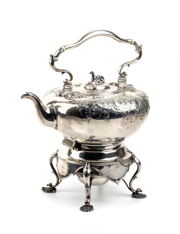 Papal States silver tea kettle on stand- Rome 19th century after 1815, Retailer BALL TOMPKINS AND BLACk New York (active 1839–51) 