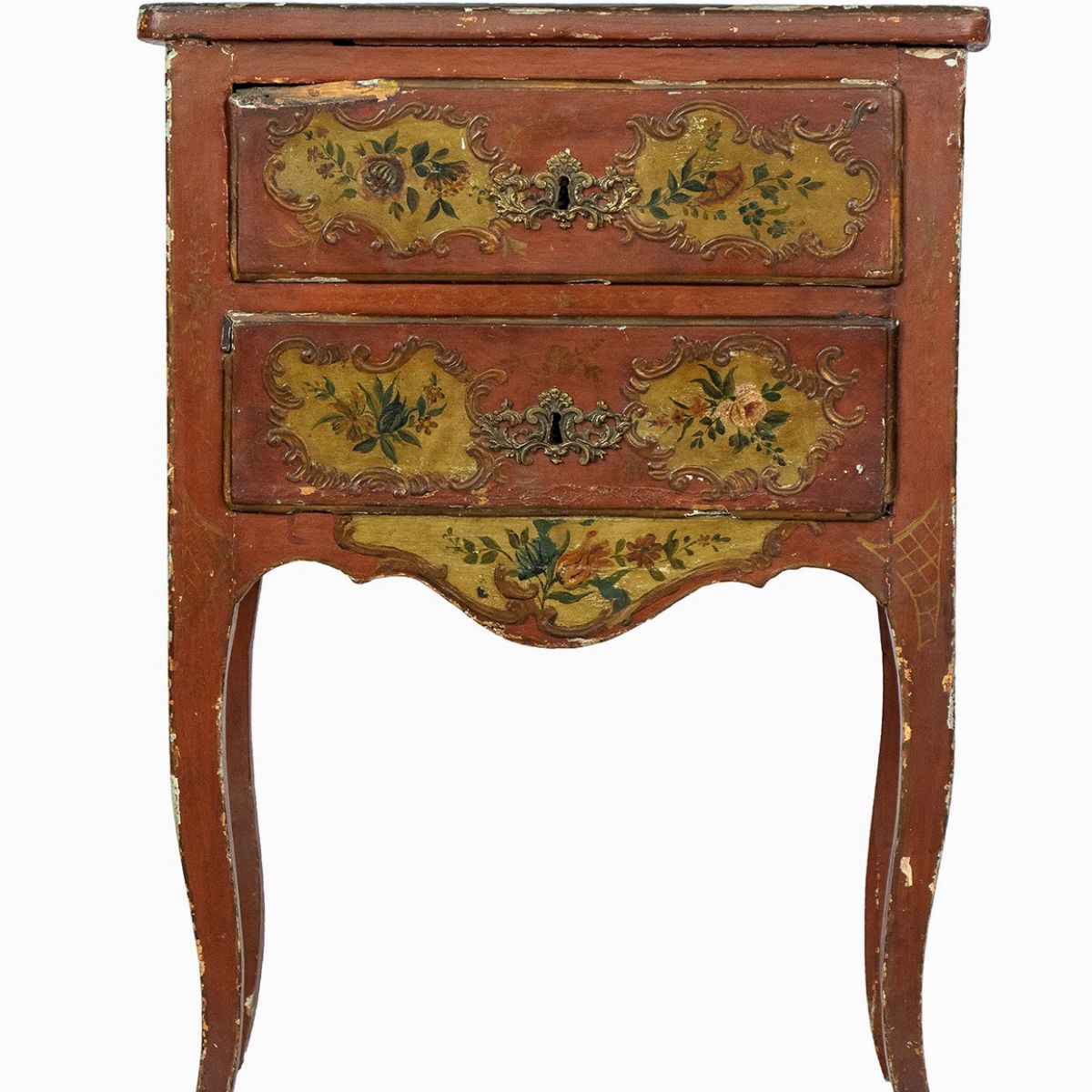 Comoncino Luigi XV in Lacca Rossa e Pittura Floreale - Venezia XVIII Secolo