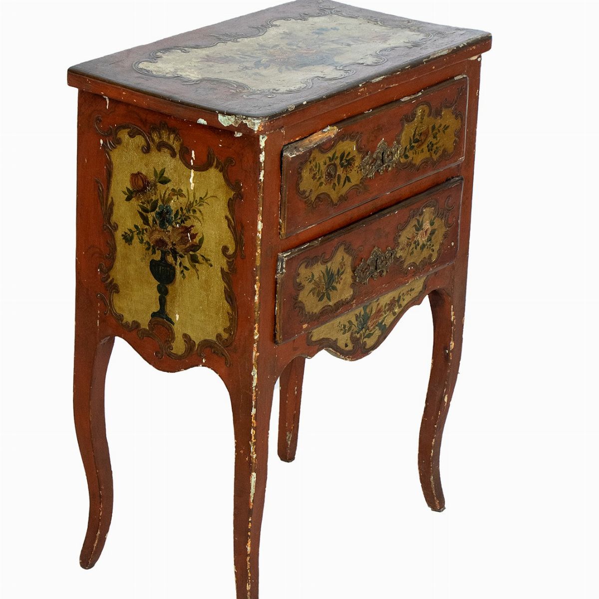 Comoncino Luigi XV in Lacca Rossa e Pittura Floreale - Venezia XVIII Secolo