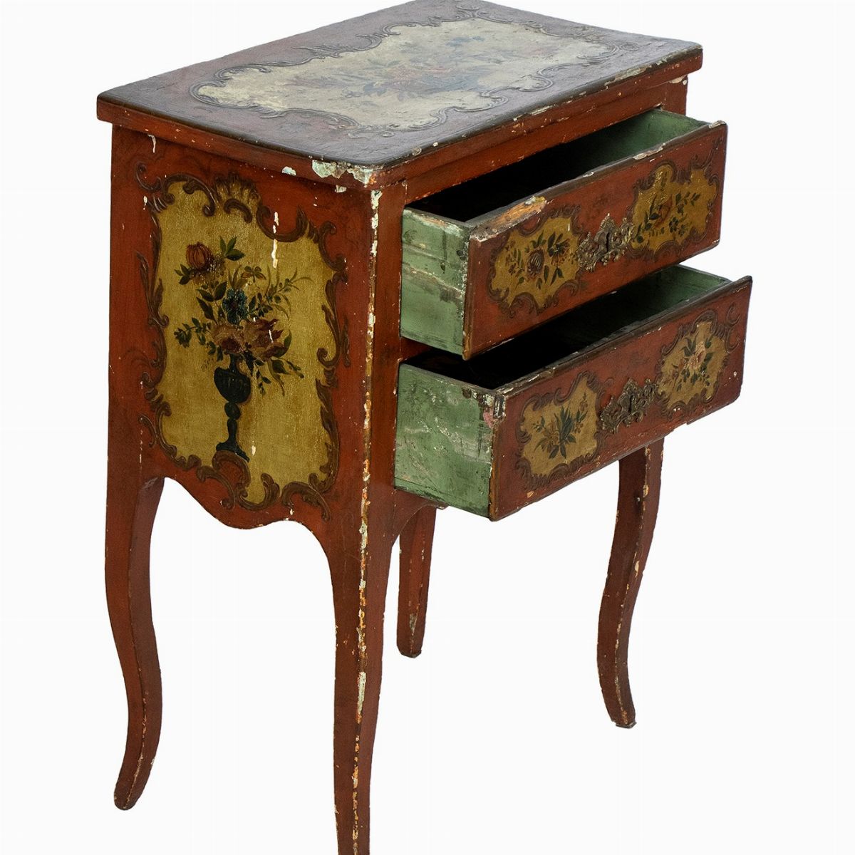 Comoncino Luigi XV in Lacca Rossa e Pittura Floreale - Venezia XVIII Secolo