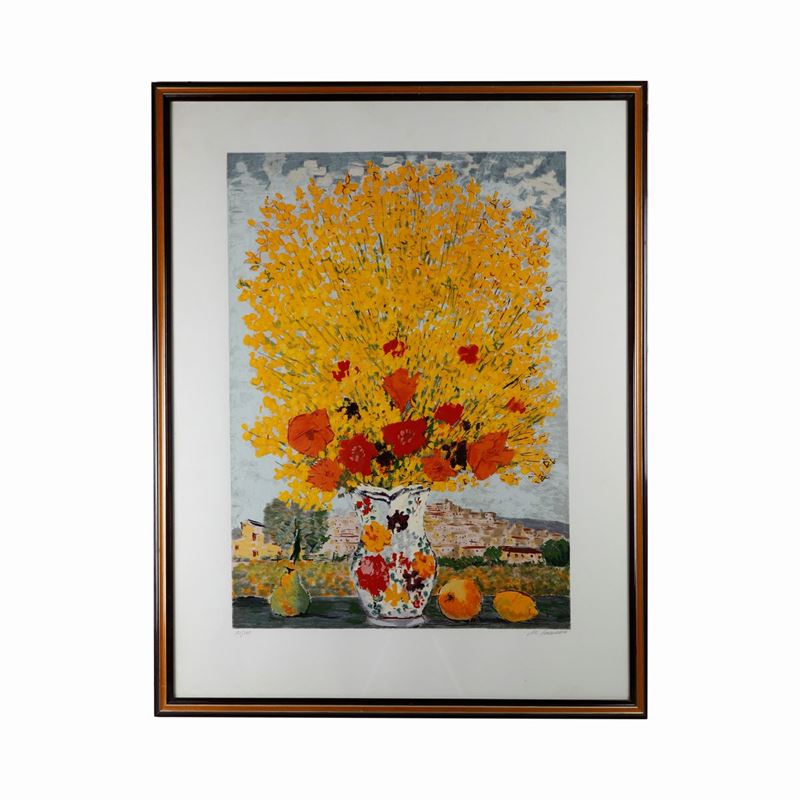 Michele Cascella - Scorcio di Paese con Mazzo di Fiori, Multiplo su Carta
