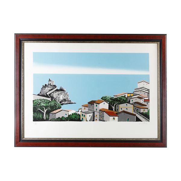 ENOTRIO PUGLIESE -  View of a  village with  coast, multiple on paper