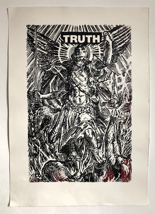 Alessandro Sabong 13TRUTH : Saint Michael  (2021)  - Monotype screen printing on 300 g paper  - Auction CONTEMPORARY ART FROM THE 21st CENTURY - Bertolami Fine Art - Casa d'Aste