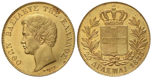 GRECIA. Ottone I (1831 - 1863). 20 dracme 1833. Au (5,76 g; 20,6 mm)  - Asta Monete e medaglie medievali e moderne italiane ed estere - Bertolami Fine Art - Casa d'Aste