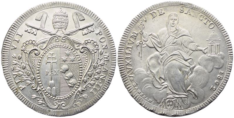 Pio VII, Stemma 1802 – Anno III (scudo pontificio), argento