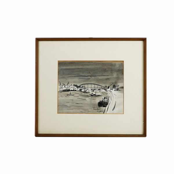 ORFEO TAMBURI : Scorcio di città con ponte  (disegno  su carta ad inchiostro nero)  - Asta Smart Auction: Arredi, Dipinti, Sculture e altro a prezzi vantaggiosi - Bertolami Fine Art - Casa d'Aste
