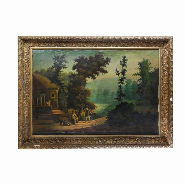 River landscape with characters and buildings