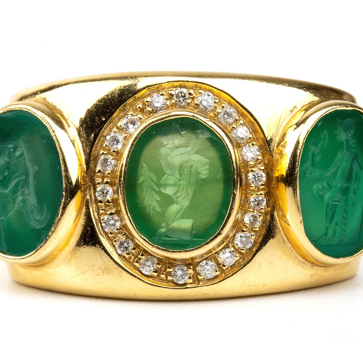 Anello in Stile Archeologico in Oro con Diamanti e Paste Vitree Verdi