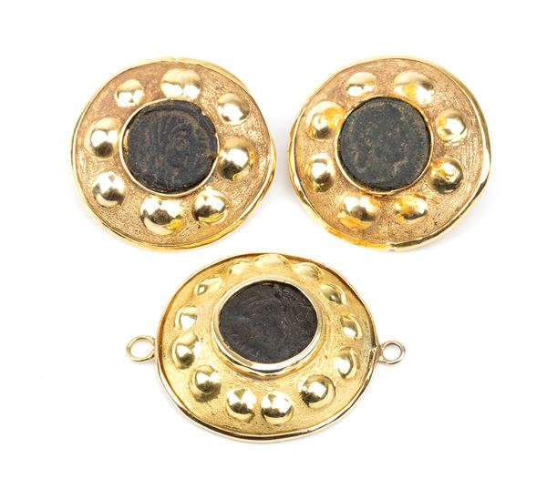 Gold pair of earrings and pendant with coins
